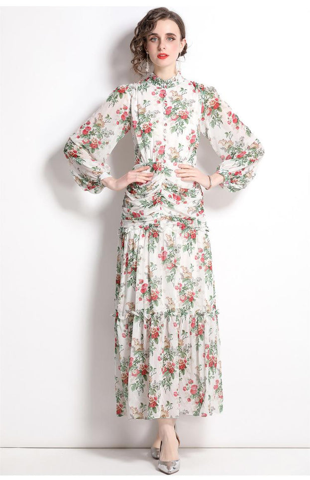 Stand Collar Lantern Long Sleeve Pleated Waist Tucked Large Swing Long Dress Skirt Chiffon Print Dress
