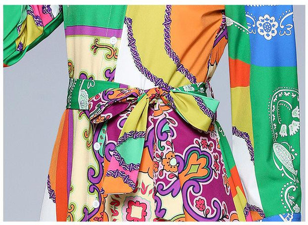 Fashion Temperament Dress Long-Sleeved Vintage Print Belt Tucked Mid-Length Skirt