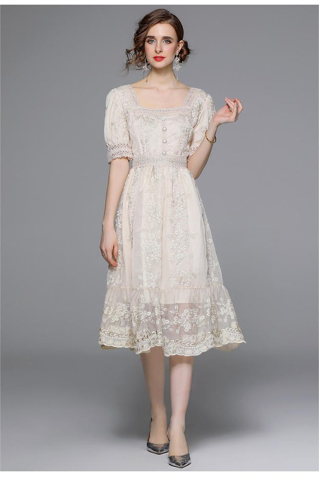 Vintage Embroidered Dress Square Neck Short Sleeve Slim MIDI Waist Tucked in