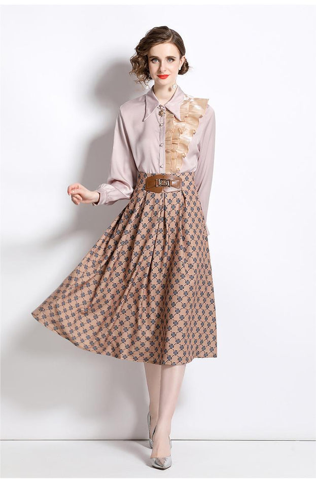 New Women's Temperament Retro Lapel Long-Sleeved Shirt and Mid-Length Skirt Two-Piece Suit