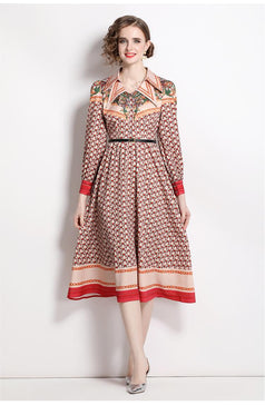 Fashion Vintage Print Dress Lapel Long-Sleeved Temperament Slim MIDI