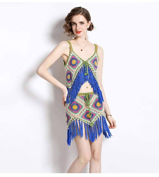 Hollowed Out Colorful Tassel Top and Skirt Two-Piece Set