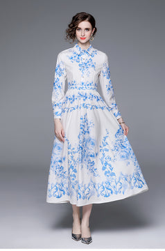 Fashion Retro Blue and White Porcelain Print Slim Lapel Dress Long-Sleeved Long Skirt