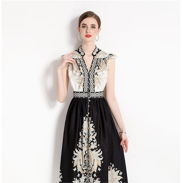 Fashion Vintage Printed V-Neck Sleeveless Dress Slimming A-Line Maxi Skirt