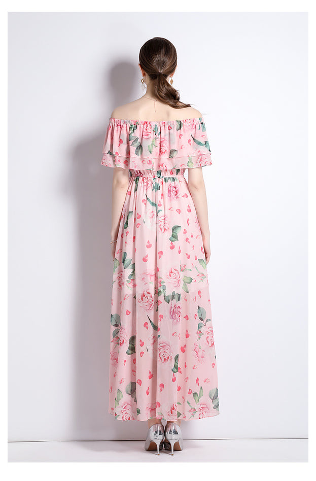 Peplum One-Line Neck Beach Skirt Slit Chiffon Large Hemline Long Skirt Dress