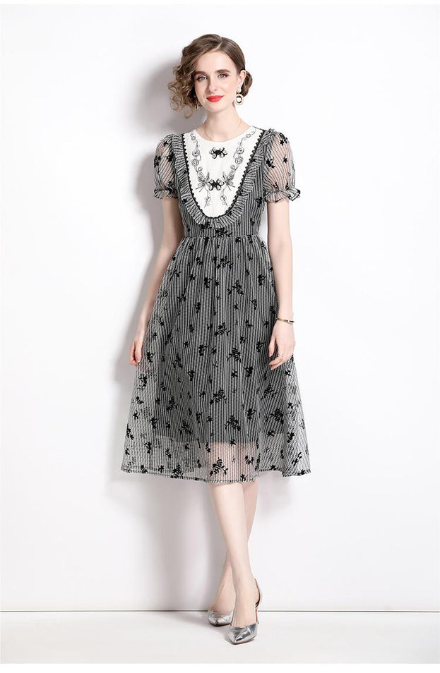 Temperament Elegant Round Neck Bubble Short Sleeve Slim Mid-Length Dress