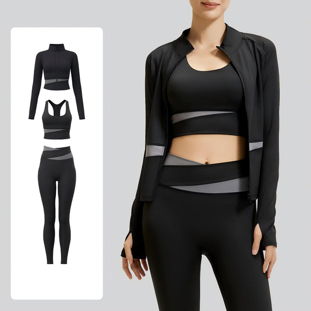 Women's Naked Yoga Waist Fitness Color-matching Three-piece Set