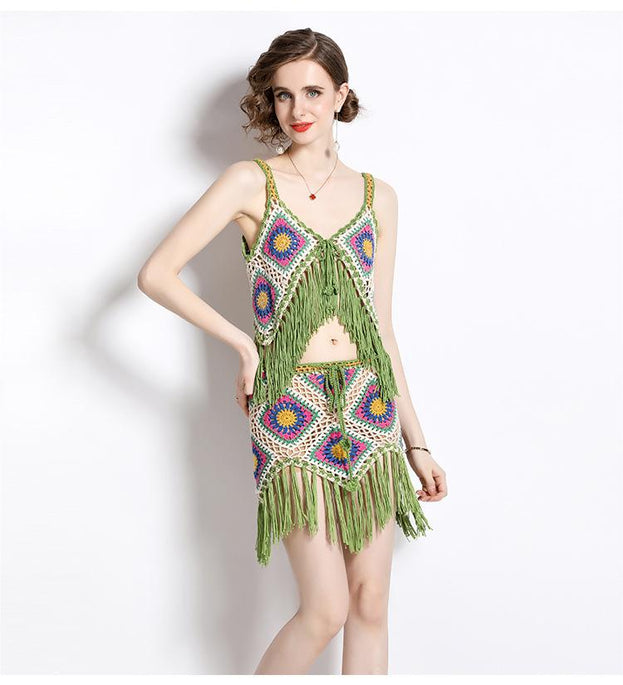 Hollowed Out Colorful Tassel Top and Skirt Two-Piece Set