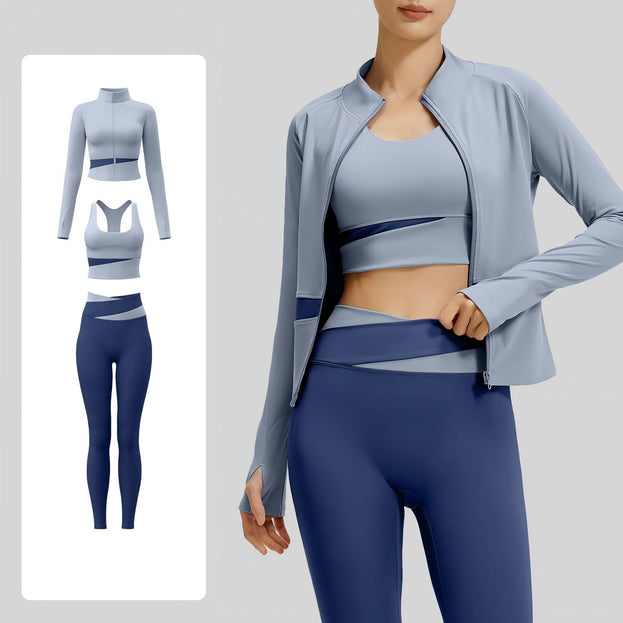 Women's Naked Yoga Waist Fitness Color-matching Three-piece Set