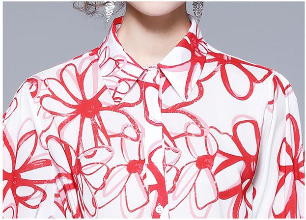 Lapel Chiffon Print Slim Temperament Fashion Shirt and Shorts Suit