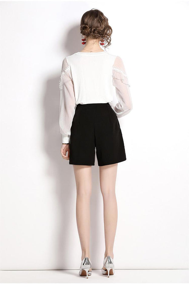 Ruffled Stitching Lantern Sleeves Hollowed Out Crew Neck Knitted to Show Thin Top and Black Shorts
