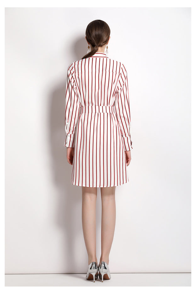 Striped Shirt Skirt Lapel Long Sleeve Tucked Waist A-Line Irregular Dress