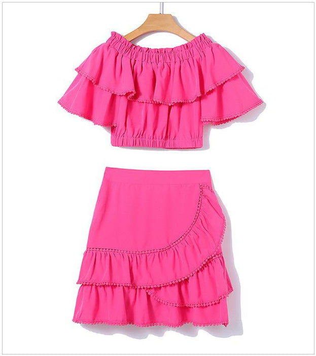 One Line Shoulder Wipe Chest Top and A Line Half Skirt Net Red Two-Piece Set