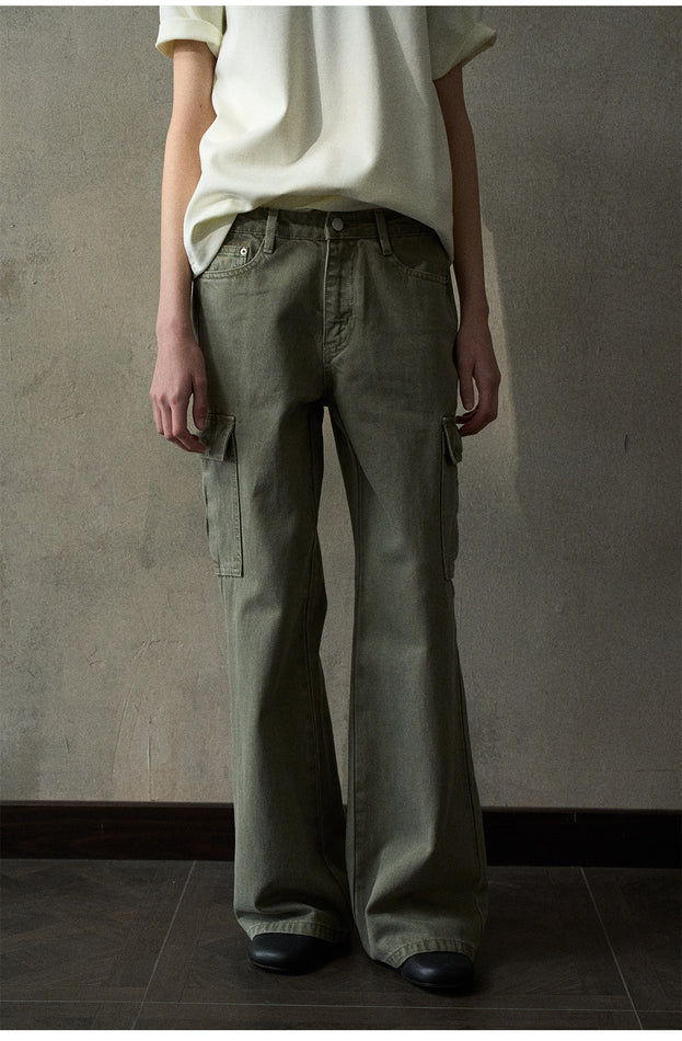 Trendy And Retro Denim Workwear Flared Pants, Mid-waist  Casual Women's Pant