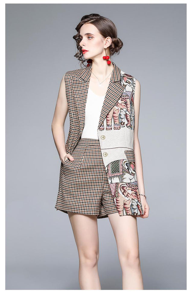 Color Matching Plaid Vest Coat and Short Two-Piece Suits