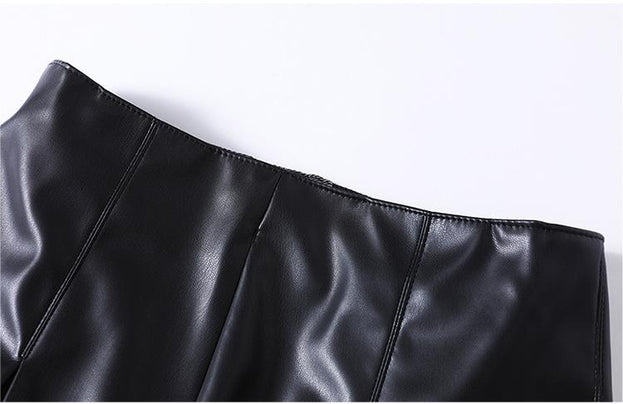 Solid Color Everything Chiffon Shirt and PU Retro Leather Skirt Half Skirt Two-Piece Set