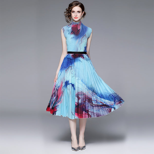 High Stretch Top and Printed Pleated Skirt Two-Piece Suit