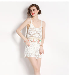 Hook Flower Embroidery Hollowed Out Short Style Suspender Top and High Waist Shorts Two-Piece Suit