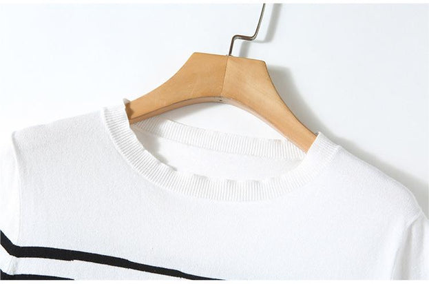Striped Crew Neck Sweater Top and Solid White Pant Two-Piece Set