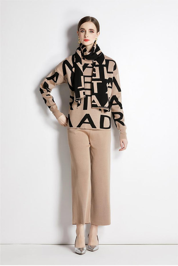 Monogram Sweater Top and Solid Pant Two-Piece Set