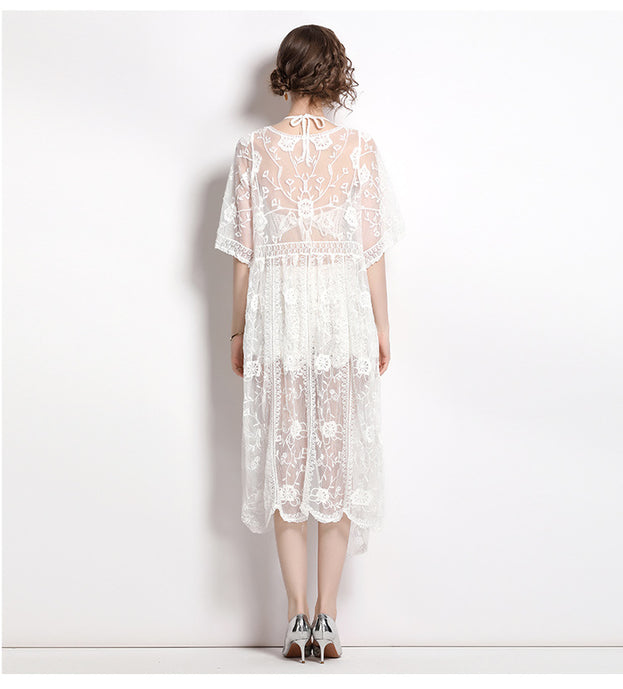 Lace Embroidery Mid-Length Sunscreen Cardigan Three-Piece Vest Set Wide Leg Pants
