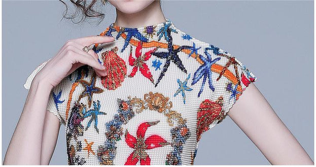 Vintage Print Pleated Short Sleeve Top and Pleated Skirt Fashion Two-Piece Suit