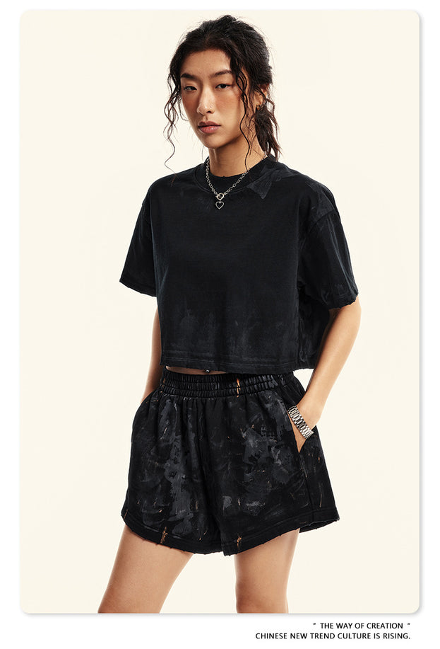 Summer Solid-color Sweat-absorbing Mud Dyed Aged Off-the-shoulder Top