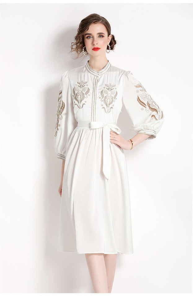 Heavy  Embroidered Lantern Sleeve Slim Dress