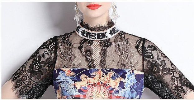 Vintage Temperament Lace Patchwork Printed Stand Collar Short Sleeve Long Skirt Dress