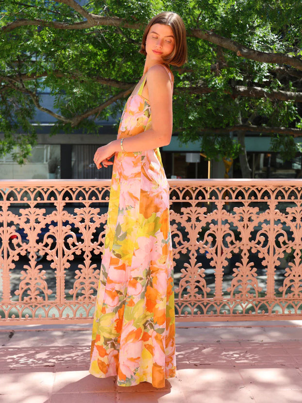 Summer Square-Neck Printed Waisted Holiday-Style Long Slip Dress for Women