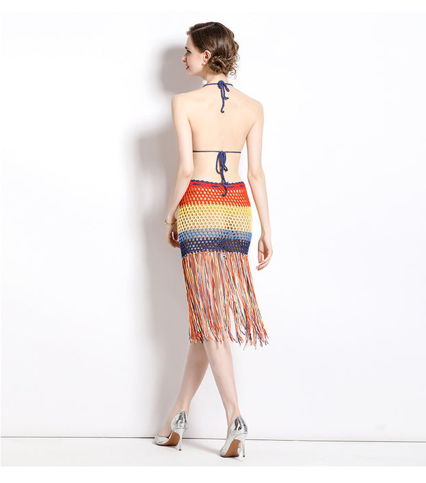 Hollowed Out beach Holiday Style Fashion Hanging Neck Wipe Chest Suspender and High Waist Tassel Sexy Bag Buttock Skirt Suit