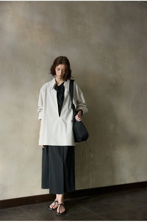 Combed Cotton V-neck Casual Loose Commuter Women Blouse
