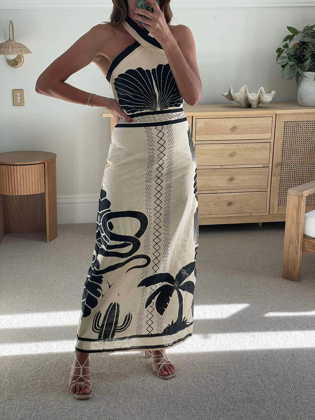 Summer Fashion Sexy Slim-Fitting Printed Long Halter Dress for Women