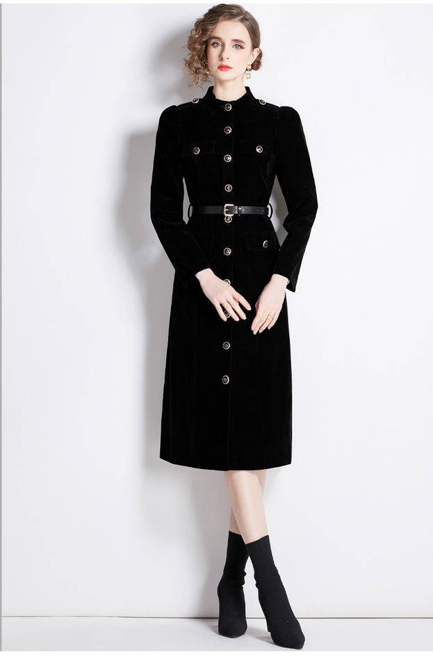 Temperament Retro Long-Sleeved Thickened Velvet Outerwear Dress