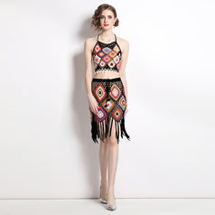 Fashion Suit Female Hook Flower Knitted Bump Color Suspender Vest Two-Piece Set and High Waist Tassel Skirt