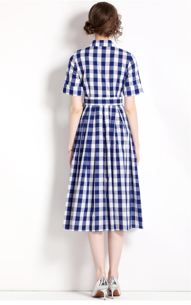 Vintage Lapel Short Sleeve Waist Tucked Long Skirt Plaid Print Dress