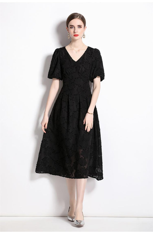 Temperament Jacquard V-Neck Slim Slimming Skirt Dress with Bubble Sleeves