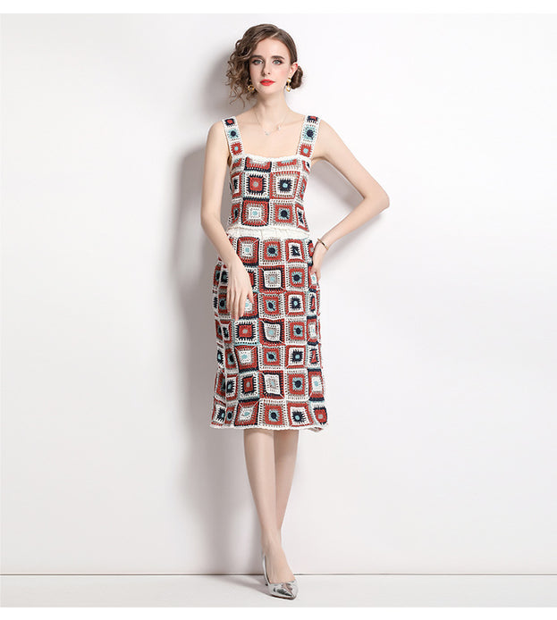 Vintage Hand Hook Hollowed Out Knitted To Show Thin Vest and Half Skirt Two-Piece Suit Skirt
