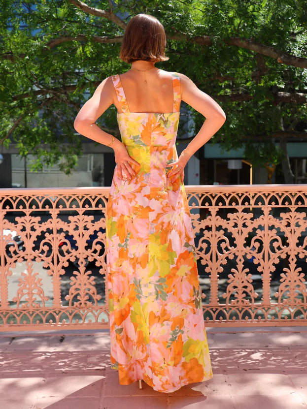 Summer Square-Neck Printed Waisted Holiday-Style Long Slip Dress for Women