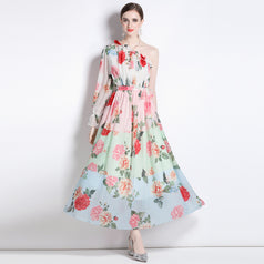 Printed Dress Chiffon Diagonal Shoulder Beach Skirt Seaside Holiday Maxi Skirt