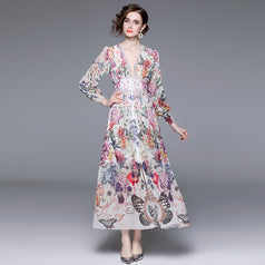 Resort Style V-Neck Vintage Print Long-Sleeved Full-Length Dress With Waist Tucked in