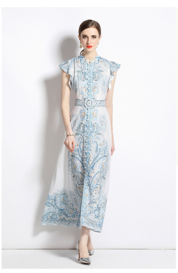 Vintage Fashion Print Dress Single Breasted Large Swing A-Line Skirt