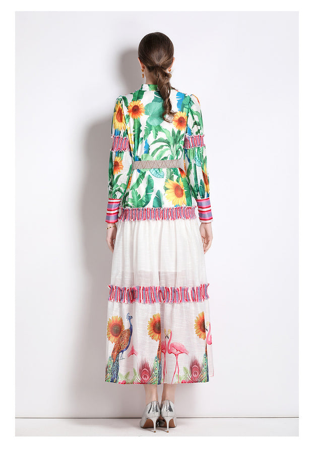 Resort Style Print Long Skirt Retro Fashion Sweet Lantern Sleeve Color Bump Stand Collar Dress