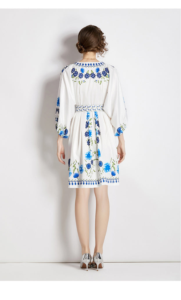 Vintage Fashion Printed Dress Temperament Slim Elegant V-Neck A-Line Skirt