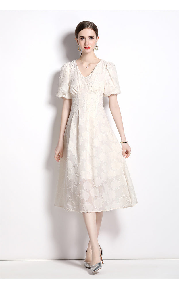 Temperament Jacquard V-Neck Slim Slimming Skirt Dress with Bubble Sleeves