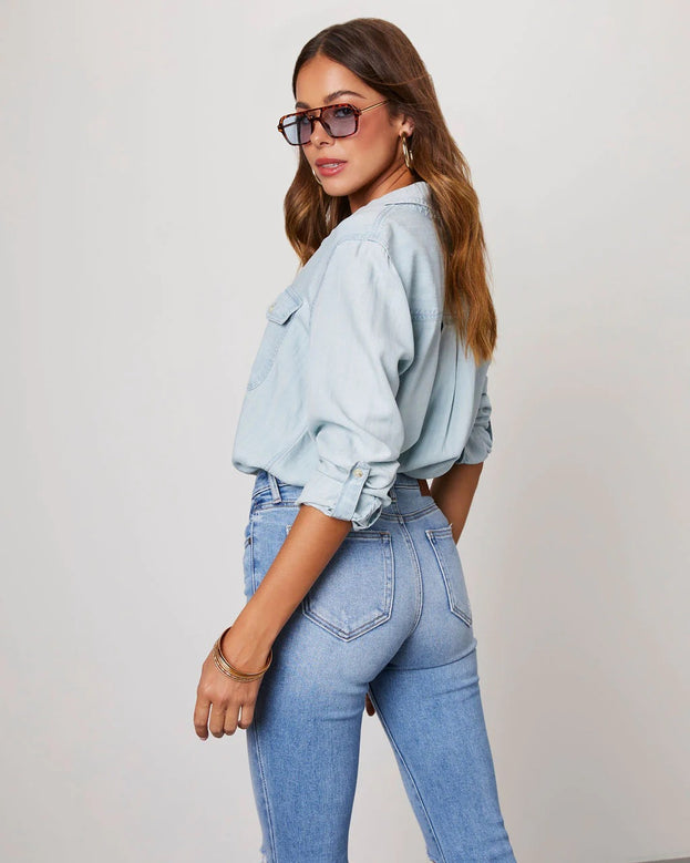 Fashion Casual Versatile Loose Polo-Neck Long Sleeve Denim Blouse for Women