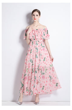 Peplum One-Line Neck Beach Skirt Slit Chiffon Large Hemline Long Skirt Dress