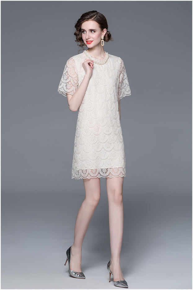 Elegant Lace Studded Beaded Neck Dress