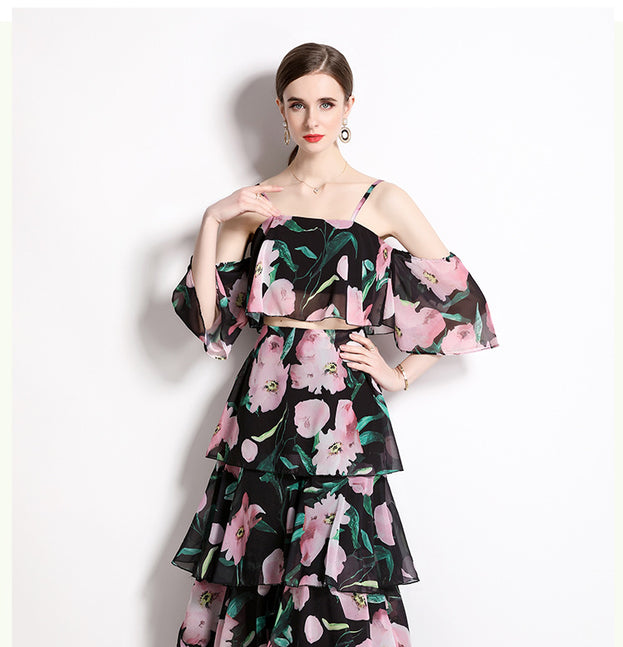 Holiday Snowstorm Spun Printed Halter with a Line Neck Top and Long Skirt Two-Piece Set