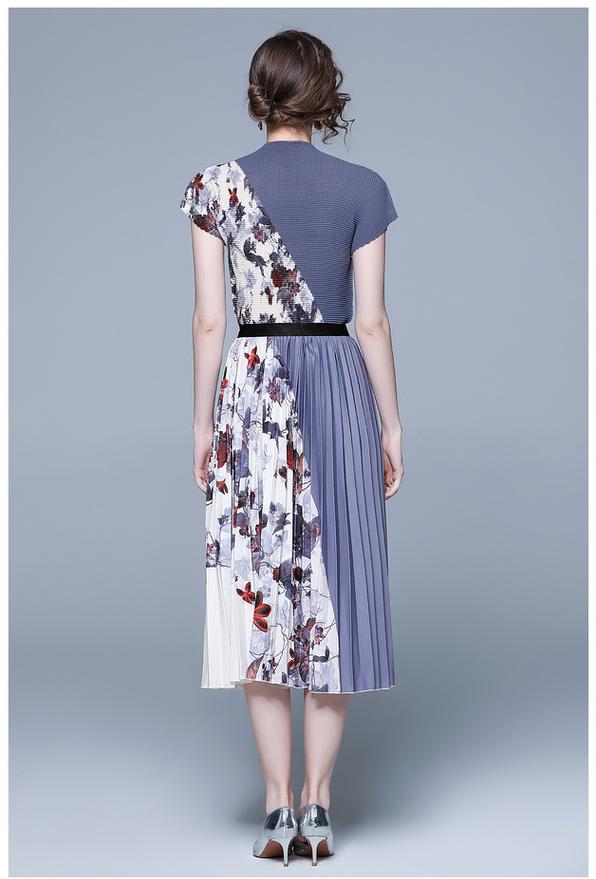 Vintage Print Pleated Short Sleeve Top and Pleated Skirt Fashion Two-Piece Suit